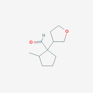 molecular formula C11H18O2 B13298642 2-Methyl-1-(oxolan-3-yl)cyclopentane-1-carbaldehyde 