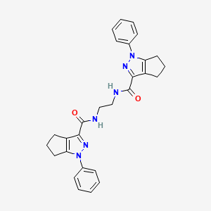 molecular formula C28H28N6O2 B13298713 1-phenyl-N-[2-({1-phenyl-1H,4H,5H,6H-cyclopenta[c]pyrazol-3-yl}formamido)ethyl]-1H,4H,5H,6H-cyclopenta[c]pyrazole-3-carboxamide 