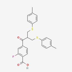 molecular formula C25H23FO3S2 B13299147 2-Fluoro-4-(3-(p-tolylthio)-2-((p-tolylthio)methyl)propanoyl)benzoic acid 