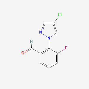 molecular formula C10H6ClFN2O B13301511 2-(4-Chloro-1H-pyrazol-1-yl)-3-fluorobenzaldehyde 