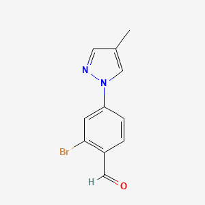 molecular formula C11H9BrN2O B13302292 2-Bromo-4-(4-methyl-1H-pyrazol-1-yl)benzaldehyde 