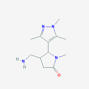 molecular formula C12H20N4O B13303677 4-(aminomethyl)-1-methyl-5-(trimethyl-1H-pyrazol-4-yl)pyrrolidin-2-one 