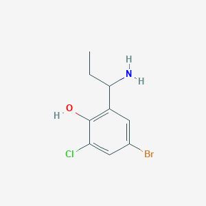 molecular formula C9H11BrClNO B13305580 2-(1-Aminopropyl)-4-bromo-6-chlorophenol 