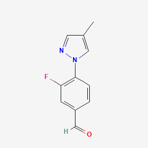 molecular formula C11H9FN2O B13306652 3-Fluoro-4-(4-methyl-1H-pyrazol-1-YL)benzaldehyde 