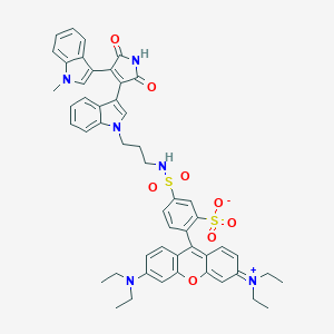 molecular formula C51H50N6O8S2 B133085 2-[3-(Diethylamino)-6-diethylazaniumylidenexanthen-9-yl]-5-[3-[3-[4-(1-methylindol-3-yl)-2,5-dioxopyrrol-3-yl]indol-1-yl]propylsulfamoyl]benzenesulfonate CAS No. 150206-04-5