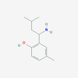 molecular formula C12H19NO B13308645 2-(1-Amino-3-methylbutyl)-4-methylphenol 