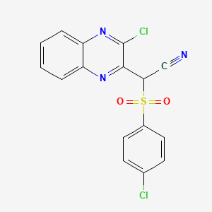 molecular formula C16H9Cl2N3O2S B13310989 (4-Chloro-benzenesulfonyl)-(3-chloro-quinoxalin-2-yl)-acetonitrile CAS No. 121512-60-5