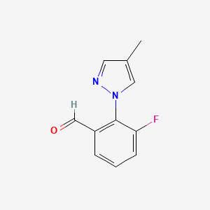 molecular formula C11H9FN2O B13311237 3-Fluoro-2-(4-methyl-1H-pyrazol-1-yl)benzaldehyde 