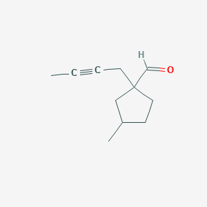 molecular formula C11H16O B13313358 1-(But-2-yn-1-yl)-3-methylcyclopentane-1-carbaldehyde 