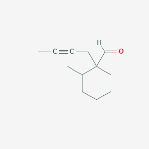 molecular formula C12H18O B13316076 1-(But-2-yn-1-yl)-2-methylcyclohexane-1-carbaldehyde 