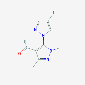 molecular formula C9H9IN4O B13318009 5-(4-Iodo-1H-pyrazol-1-yl)-1,3-dimethyl-1H-pyrazole-4-carbaldehyde 