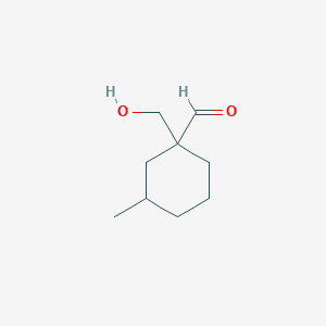 molecular formula C9H16O2 B13318283 1-(Hydroxymethyl)-3-methylcyclohexane-1-carbaldehyde 