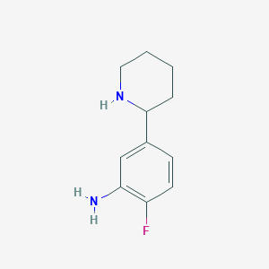 molecular formula C11H15FN2 B13318708 2-Fluoro-5-(2-piperidyl)phenylamine 