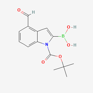 molecular formula C14H16BNO5 B13318827 1H-Indole-1-carboxylic acid, 2-borono-4-formyl-, 1-(1,1-dimethylethyl) ester 