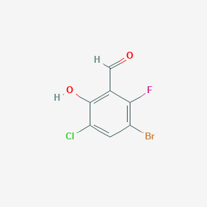 molecular formula C7H3BrClFO2 B13319243 3-Bromo-5-chloro-2-fluoro-6-hydroxybenzaldehyde 