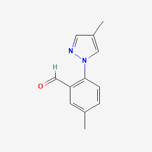 molecular formula C12H12N2O B13320080 5-Methyl-2-(4-methyl-1H-pyrazol-1-yl)benzaldehyde 