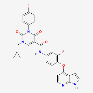 molecular formula C28H21F2N5O4 B13320194 N-(4-((1H-Pyrrolo[2,3-b]pyridin-4-yl)oxy)-3-fluorophenyl)-1-(cyclopropylmethyl)-3-(4-fluorophenyl)-2,4-dioxo-1,2,3,4-tetrahydropyrimidine-5-carboxamide 