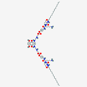 molecular formula C94H148N12O16 B13320829 Bis(4-((S)-6-amino-2-((S)-3-methyl-2-stearamidobutanamido)hexanamido)phenyl) (((((5,8-dihydroxy-9,10-dioxo-9,10-dihydroanthracene-1,4-diyl)bis(azanediyl))bis(ethane-2,1-diyl))bis(azanediyl))bis(ethane-2,1-diyl)) dicarbonate 