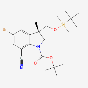 molecular formula C22H33BrN2O3Si B13321379 tert-Butyl (S)-5-bromo-3-(((tert-butyldimethylsilyl)oxy)methyl)-7-cyano-3-methylindoline-1-carboxylate 