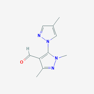 molecular formula C10H12N4O B13321579 1,3-Dimethyl-5-(4-methyl-1H-pyrazol-1-YL)-1H-pyrazole-4-carbaldehyde 