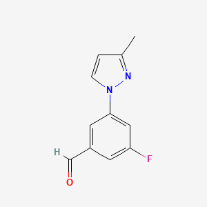 molecular formula C11H9FN2O B13321740 3-Fluoro-5-(3-methyl-1H-pyrazol-1-yl)benzaldehyde 