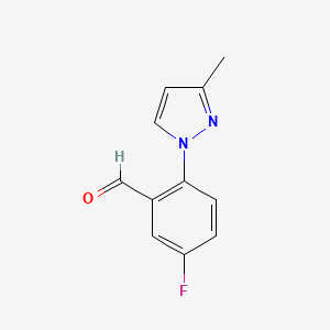 molecular formula C11H9FN2O B13322204 5-Fluoro-2-(3-methyl-1H-pyrazol-1-yl)benzaldehyde 