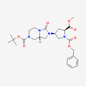 molecular formula C25H34N4O7 B13323629 1-Benzyl 2-methyl (2S,4S)-4-((R)-7-(tert-butoxycarbonyl)-3-oxohexahydroimidazo[1,5-a]pyrazin-2(3H)-yl)pyrrolidine-1,2-dicarboxylate 