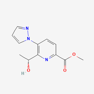 molecular formula C12H13N3O3 B13325079 Methyl (R)-6-(1-hydroxyethyl)-5-(1H-pyrazol-1-yl)picolinate 