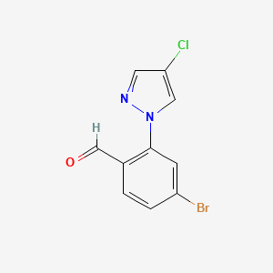 molecular formula C10H6BrClN2O B13329811 4-Bromo-2-(4-chloro-1H-pyrazol-1-YL)benzaldehyde 