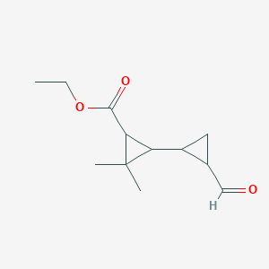 molecular formula C12H18O3 B13330520 Ethyl 3-(2-formylcyclopropyl)-2,2-dimethylcyclopropane-1-carboxylate 