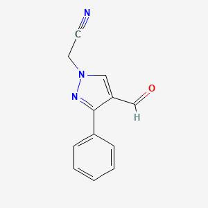 molecular formula C12H9N3O B13331026 2-(4-formyl-3-phenyl-1H-pyrazol-1-yl)acetonitrile 