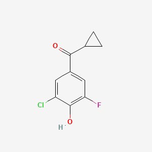 molecular formula C10H8ClFO2 B13332061 2-Chloro-4-cyclopropanecarbonyl-6-fluorophenol 