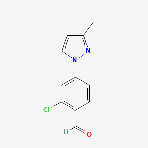 molecular formula C11H9ClN2O B13332229 2-Chloro-4-(3-methyl-1H-pyrazol-1-yl)benzaldehyde 