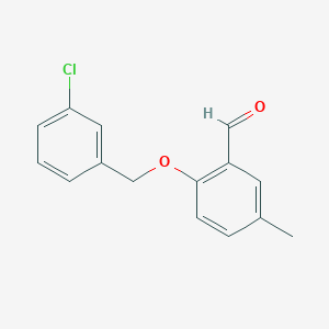 molecular formula C15H13ClO2 B13334495 2-((3-Chlorobenzyl)oxy)-5-methylbenzaldehyde 