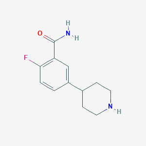 molecular formula C12H15FN2O B13334805 2-Fluoro-5-(piperidin-4-yl)benzamide 