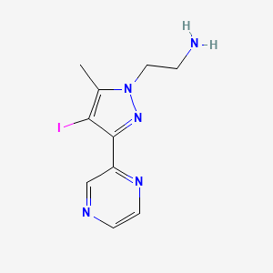 molecular formula C10H12IN5 B13338028 2-(4-iodo-5-methyl-3-(pyrazin-2-yl)-1H-pyrazol-1-yl)ethan-1-amine 