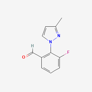 molecular formula C11H9FN2O B13340098 3-Fluoro-2-(3-methyl-1H-pyrazol-1-yl)benzaldehyde 