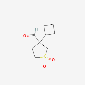 molecular formula C9H14O3S B13341606 3-Cyclobutyl-1,1-dioxo-1lambda6-thiolane-3-carbaldehyde 