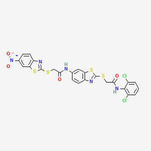 molecular formula C24H15Cl2N5O4S4 B13342362 N-(2,6-Dichlorophenyl)-2-((6-(2-((6-nitrobenzo[d]thiazol-2-yl)thio)acetamido)benzo[d]thiazol-2-yl)thio)acetamide 