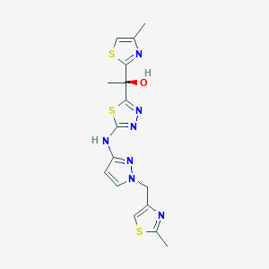 molecular formula C16H17N7OS3 B13343259 (S)-1-(4-Methylthiazol-2-yl)-1-(5-((1-((2-methylthiazol-4-yl)methyl)-1H-pyrazol-3-yl)amino)-1,3,4-thiadiazol-2-yl)ethan-1-ol 