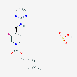 molecular formula C20H27FN4O5S B13343844 4-Methylbenzyl (3S,4R)-3-fluoro-4-((pyrimidin-2-ylamino)methyl)piperidine-1-carboxylate methanesulfonate 