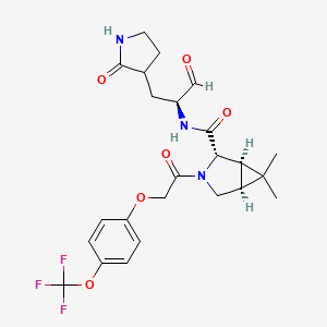 molecular formula C24H28F3N3O6 B13346200 (1R,2S,5S)-6,6-Dimethyl-N-((2S)-1-oxo-3-(2-oxopyrrolidin-3-yl)propan-2-yl)-3-(2-(4-(trifluoromethoxy)phenoxy)acetyl)-3-azabicyclo[3.1.0]hexane-2-carboxamide 