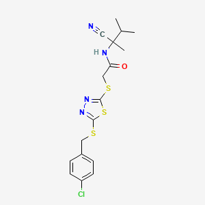 molecular formula C17H19ClN4OS3 B13349449 2-[(5-{[(4-chlorophenyl)methyl]sulfanyl}-1,3,4-thiadiazol-2-yl)sulfanyl]-N-(1-cyano-1,2-dimethylpropyl)acetamide 