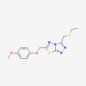 molecular formula C14H16N4O2S2 B13351185 3-[(Ethylsulfanyl)methyl]-6-[(4-methoxyphenoxy)methyl][1,2,4]triazolo[3,4-b][1,3,4]thiadiazole 