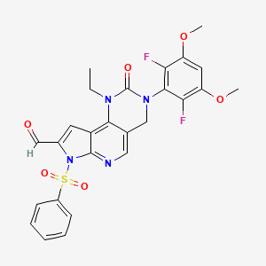 5-(benzenesulfonyl)-11-(2,6-difluoro-3,5-dimethoxyphenyl)-13-ethyl-12-oxo-5,7,11,13-tetrazatricyclo[7.4.0.02,6]trideca-1,3,6,8-tetraene-4-carbaldehyde