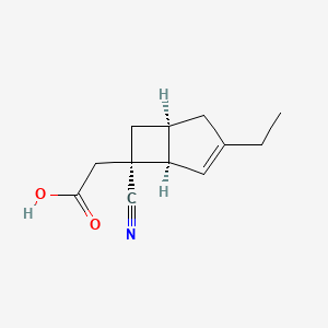 molecular formula C12H15NO2 B13352235 2-((1R,5S,6S)-6-Cyano-3-ethylbicyclo[3.2.0]hept-3-en-6-yl)acetic acid 