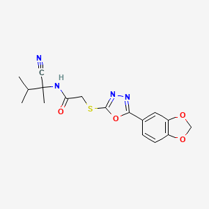 molecular formula C17H18N4O4S B13353169 2-((5-(Benzo[d][1,3]dioxol-5-yl)-1,3,4-oxadiazol-2-yl)thio)-N-(2-cyano-3-methylbutan-2-yl)acetamide 