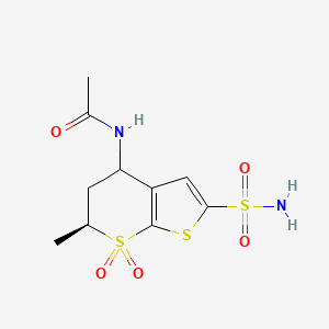 molecular formula C10H14N2O5S3 B13353184 N-((6S)-6-Methyl-7,7-dioxido-2-sulfamoyl-5,6-dihydro-4H-thieno[2,3-b]thiopyran-4-yl)acetamide 