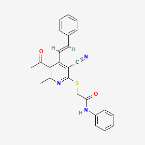 molecular formula C25H21N3O2S B13354747 2-({5-acetyl-3-cyano-6-methyl-4-[(E)-2-phenylethenyl]-2-pyridinyl}sulfanyl)-N-phenylacetamide 