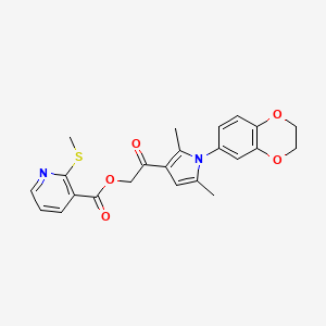 molecular formula C23H22N2O5S B13355475 2-(1-(2,3-Dihydrobenzo[b][1,4]dioxin-6-yl)-2,5-dimethyl-1H-pyrrol-3-yl)-2-oxoethyl 2-(methylthio)nicotinate 